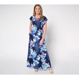 Attitudes by Renee Women Como Jersey Lace Up Front Maxi Dress Sz XLP Navy Floral